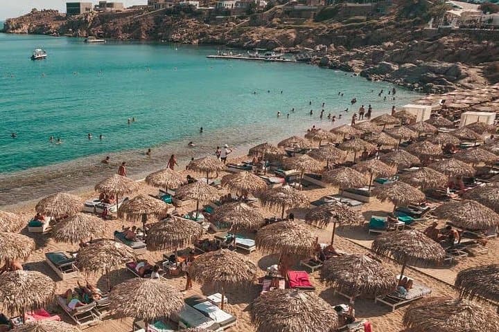 Mykonos Combo: Guided Walk, Reserved Sunbeds & Transport
